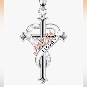 Sterling Cross 'MOM I Love You' Heart Pendant Necklace - Silver & Rose Gold